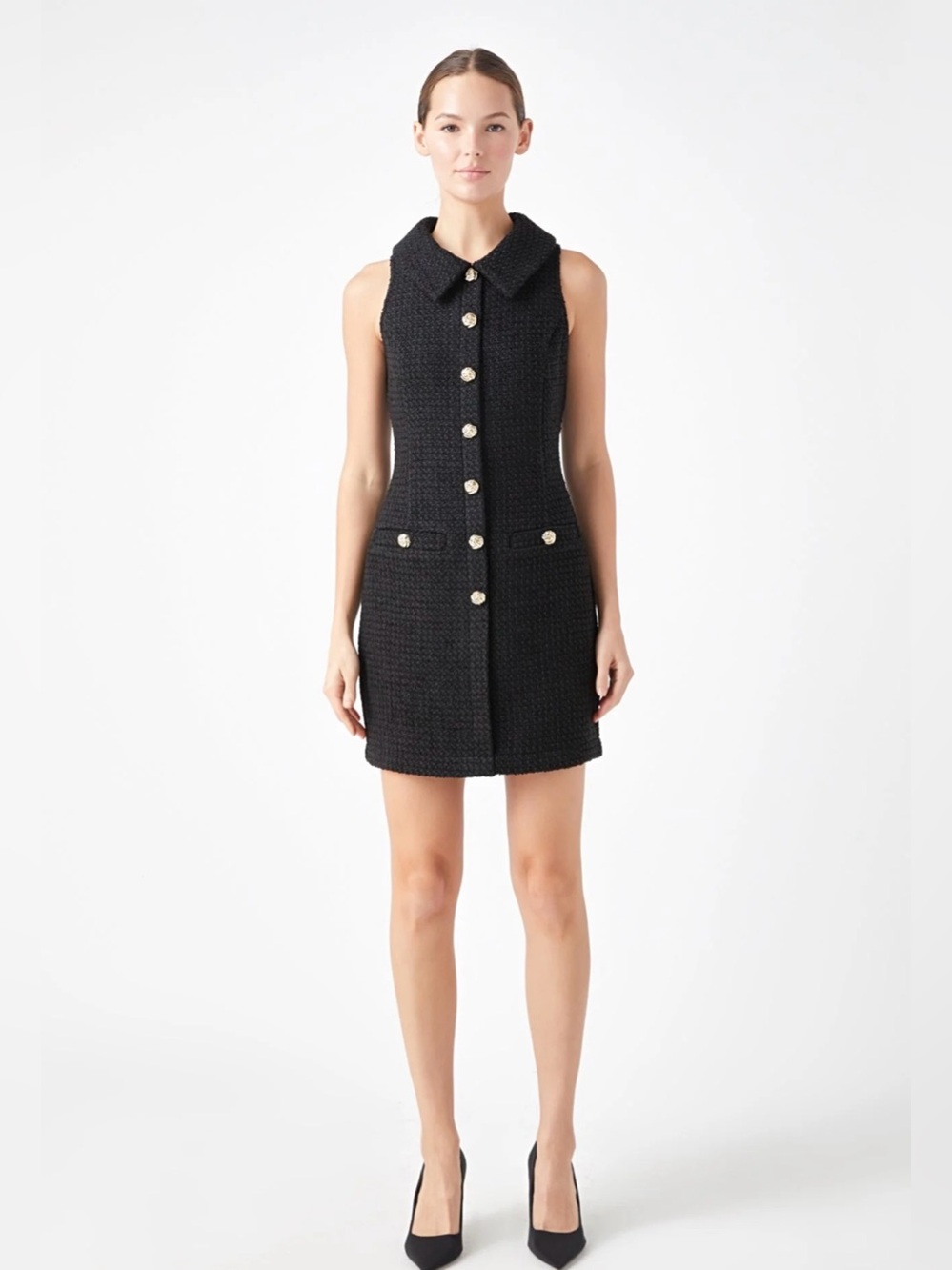 Endless Rose Black Tweed Sleeveless Shift Dress with Gold Buttons